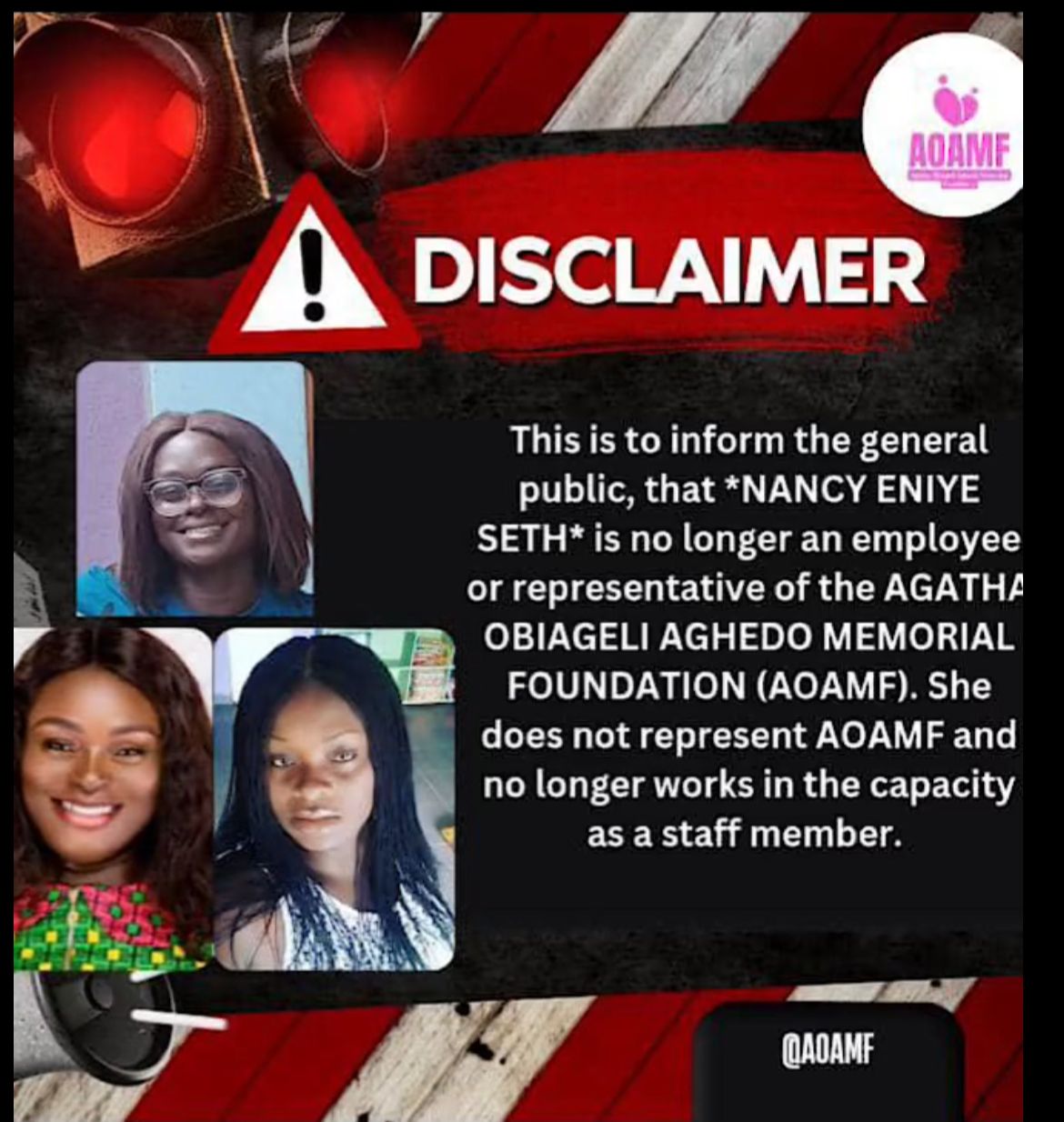 Disclaimer: Nancy Eniye Seth is no longer an employee or representative of the Agatha Obiageli Aghedo Memorial Foundation (AOAMF).