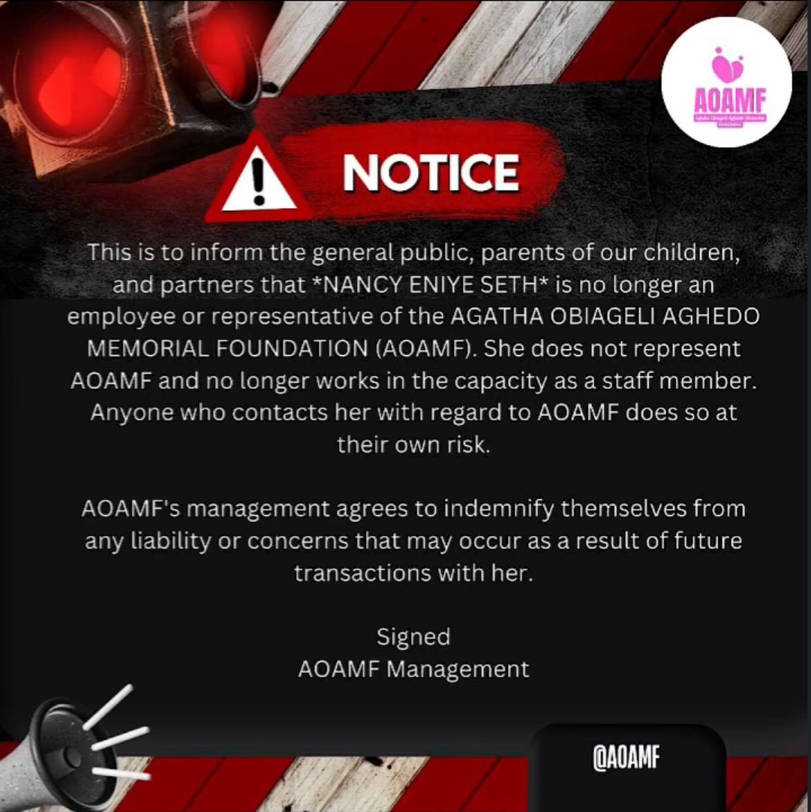 Notice to the general public, parents and partners: Nancy Eniye Seth no longer represents AOAMF. Anyone who contacts her regarding AOAMF does so at their own risk. Signed, AOAMF Management.